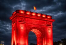Arcul de Triumf din Capitală, iluminat în roșu pentru a marca Ziua Mondială de luptă împotriva tuberculozei